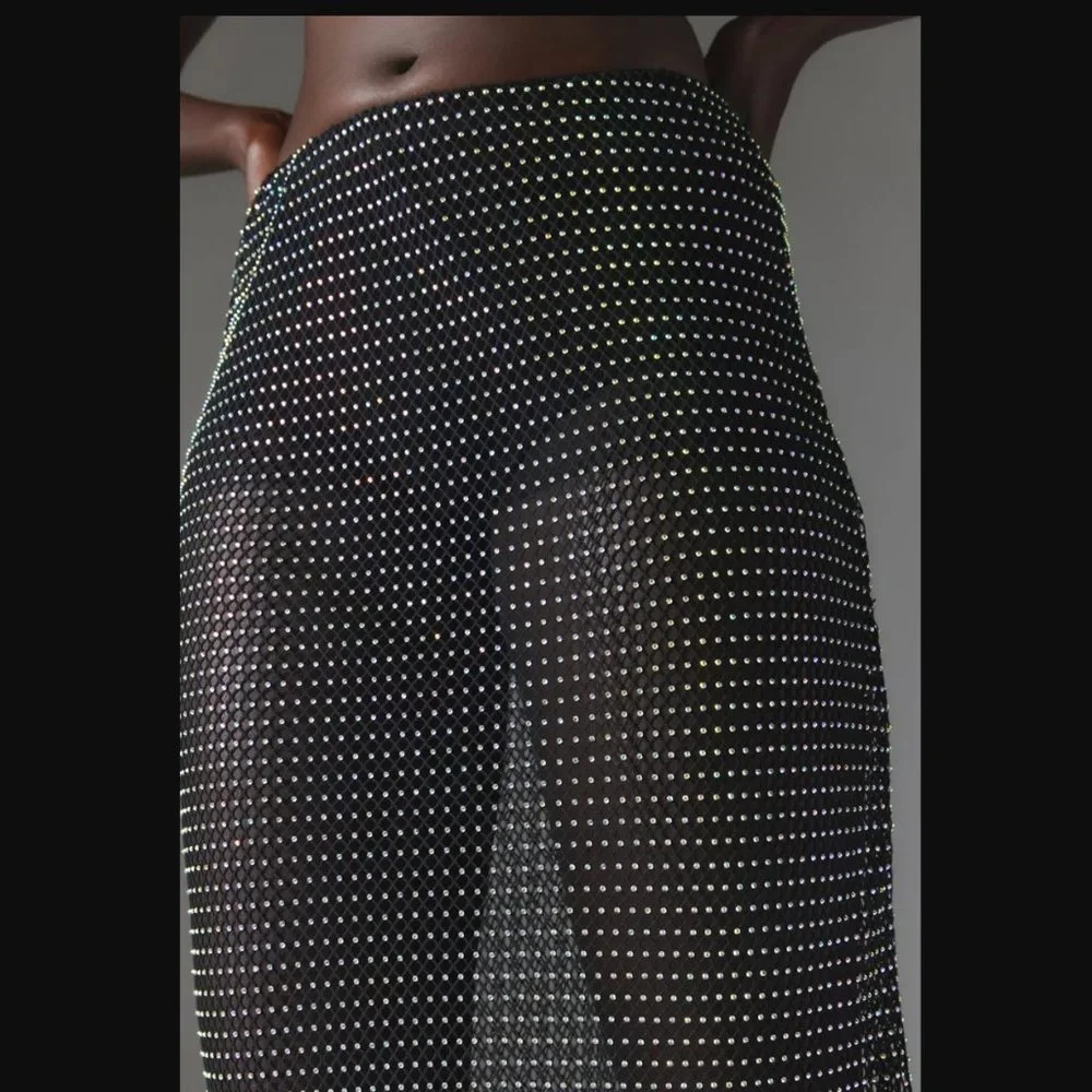 Silence + Noise Sheer Black Diamante Fishnet Maxi Skirt womens L - Picture 3 of 5